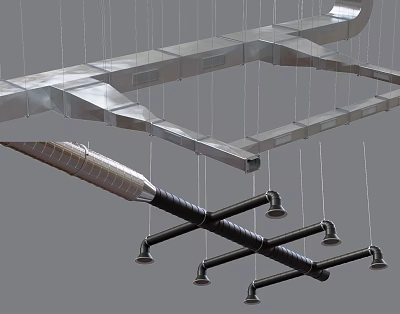 Multiple Suspended Metallic And Black Pipes With Crossed Structure In Industrial Setup 3d model