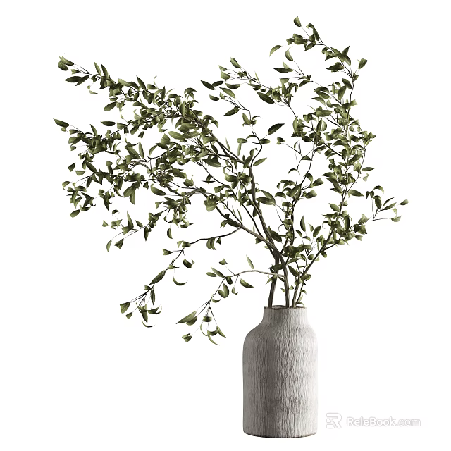 Textured Ceramic Vase With Lush Green Branches For Home Interior Decor 3d model