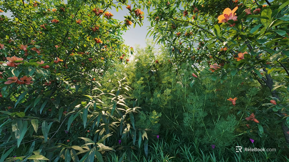 Flowering Shrubs with Lush Green Foliage and Orange Blooms in Sunlit Natural Garden 3d model 
