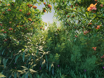 Flowering Shrubs with Lush Green Foliage and Orange Blooms in Sunlit Natural Garden 3d model