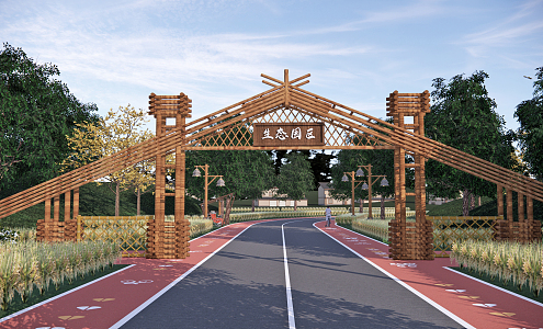 New Chinese Style Gate Entrance Gate Bamboo Ecological Gate Beautiful Village Entrance Image Alien Gate Village Boundary Archway 3d model