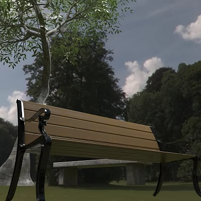 Outdoor Garden Ornament Wooden Bench with Metal Frame Surrounded by Trees and Sky 3d model