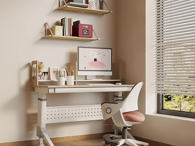 Children's Desk with Ergonomic Chair Computer and Stationery Near Window with Blinds and Wall Shelves 3d model