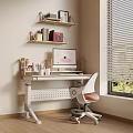 Children's Desk with Ergonomic Chair Computer and Stationery Near Window with Blinds and Wall Shelves
