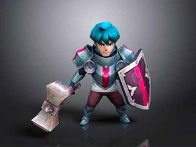 3D Fantasy Warrior Character With Blue Hair Armor Holding Hammer And Shield 3d model