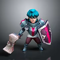3D Fantasy Warrior Character With Blue Hair Armor Holding Hammer And Shield