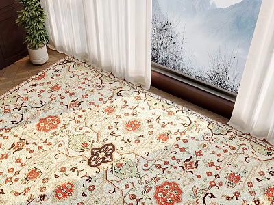 Square Floral Pattern Carpet In Window Area With Curtains And Plant 3d model