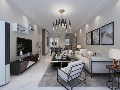 Modern Living Room Interior With Chandelier Sofa Wall Paintings Coffee Table And Rug 3d model