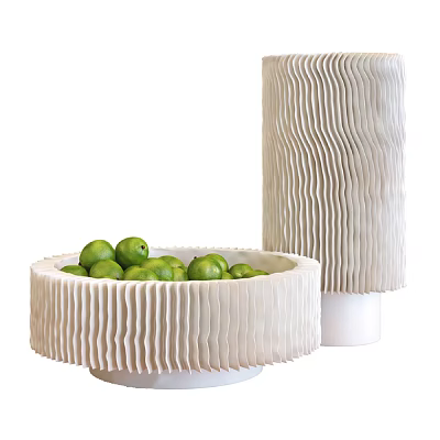 Fresh Green Limes in Ceramic Bowl with Ripple Design and Tall Cylindrical Container 3d model