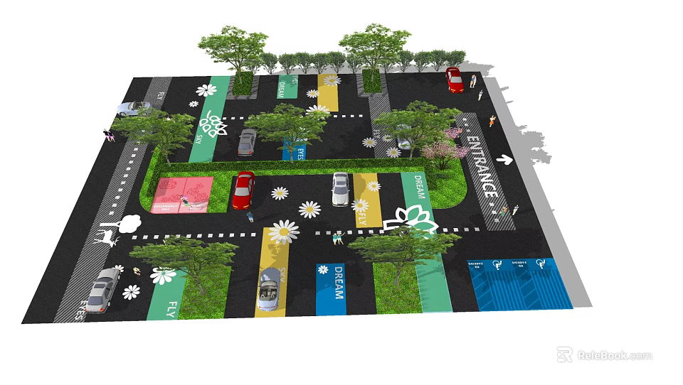 Colorful Landscaped Parking Lot With Trees Entrance Sign And Parked Vehicles 3d model 