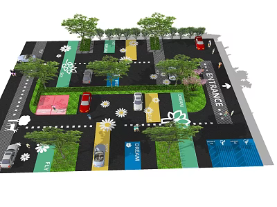 Colorful Landscaped Parking Lot With Trees Entrance Sign And Parked Vehicles 3d model