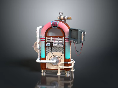 Retro Mechanical Device Featuring Pink Arch Pipes Wooden Panel And Display Screen 3d model