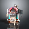 Retro Mechanical Device Featuring Pink Arch Pipes Wooden Panel And Display Screen