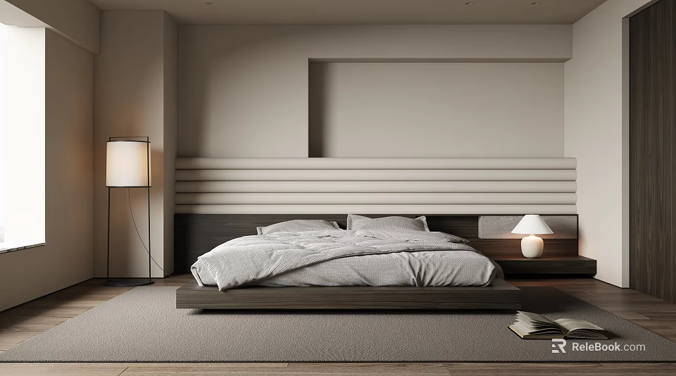 Modern Minimalist Bedroom Interior With Wooden Platform Bed Striped Headboard And Floor Lamp 3d model 