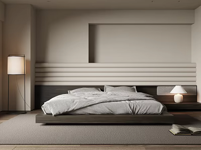 Modern Minimalist Bedroom Interior With Wooden Platform Bed Striped Headboard And Floor Lamp 3d model