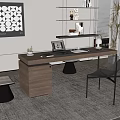 Modern Home Office Wooden Desk Interior With Laptop Documents Small Potted Plant Chair And Shelves
