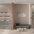 Elegant Modern SPA Sauna Interior With Curved Lighting Display Cabinet And Beige Lounge Chair