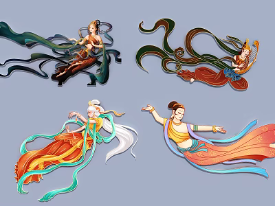 Colorful Mythical Dancer Themed Hanging Decorations With Flowing Ribbons And Traditional Costumes 3d model