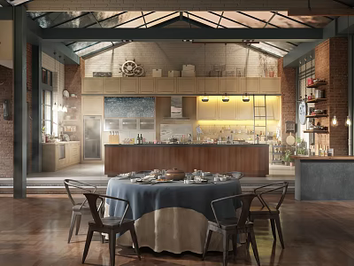 Contemporary Restaurant Interior With Open Kitchen Round Wooden Dining Table Brick Walls And Warm Lighting 3d model