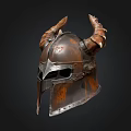 Horned Medieval Helmet With Leather Metal Accents And Decorative Design
