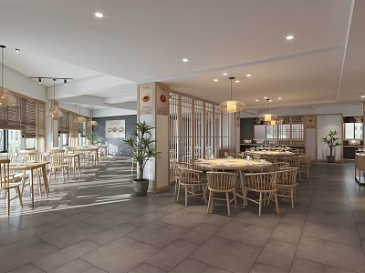 Modern Restaurant Interior With Wooden Tables Chairs Hanging Lamps Potted Plants And Partition Screens 3d model