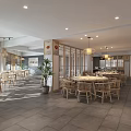 Modern Restaurant Interior With Wooden Tables Chairs Hanging Lamps Potted Plants And Partition Screens