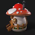 Mushroom Shaped Wooden House with Red White Spotted Roof Snow Small Chimney and Green Plants