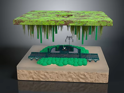 Mossy Suspended Green Platform With Hanging Vines And Mini Landscape Below Stone Pedestal 3d model