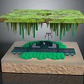 Mossy Suspended Green Platform With Hanging Vines And Mini Landscape Below Stone Pedestal