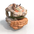 Rock Cave Hut Structure With Layered Stone Roof Green Area And Orange Base