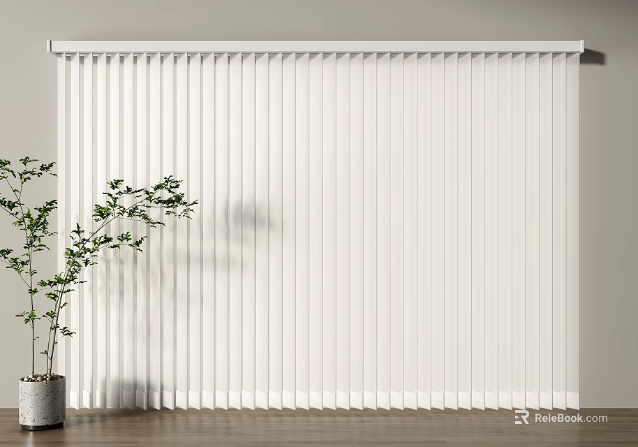 White Blinds Against Light Gray Wall Featuring Green Plant in Gray Pot on Wooden Floor 3d model 