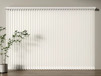 White Blinds Against Light Gray Wall Featuring Green Plant in Gray Pot on Wooden Floor 3d model