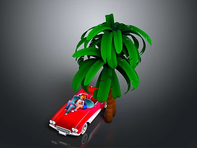 Cartoon Scene Featuring Red Convertible Car With Characters Beside Green Palm Tree 3d model
