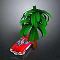 Cartoon Scene Featuring Red Convertible Car With Characters Beside Green Palm Tree