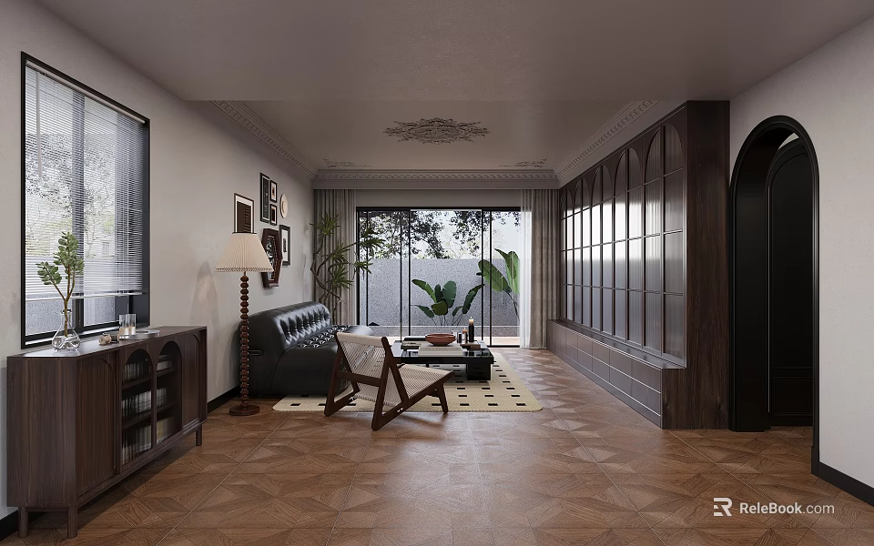 Elegant Living Dining Room Interior With Decorative Ceiling Dark Wooden Furniture Leather Sofa Herringbone Floor 3d model 