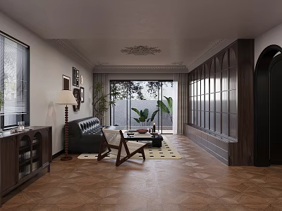Elegant Living Dining Room Interior With Decorative Ceiling Dark Wooden Furniture Leather Sofa Herringbone Floor 3d model