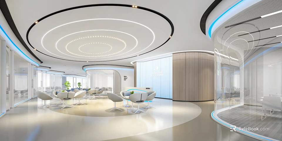 Modern Reception Area Interior Design With Circular Ceiling White Furniture And Green Plants 3d model 
