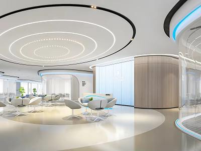 Modern Reception Area Interior Design With Circular Ceiling White Furniture And Green Plants 3d model