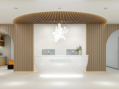 Modern Hotel Lobby Interior With Curved Reception Desk And Pendant Light Fixtures 3d model