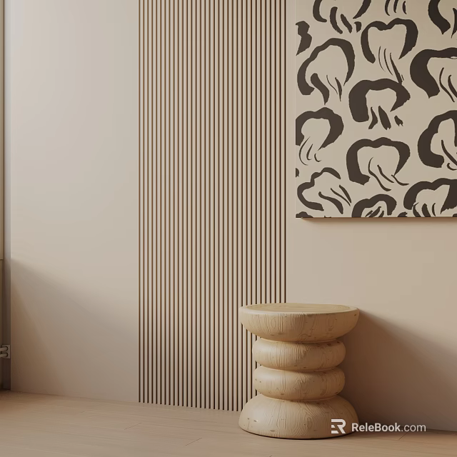 Minimalist Stacked Side Table In Living Space With Striped Wall And Decorative Artwork 3d model 
