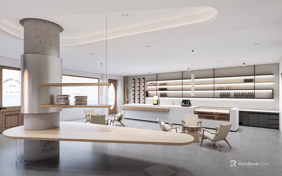 Modern Café Interior Design Featuring Wooden Tables Comfortable Chairs Open Shelves And Warm Lighting 3d model 