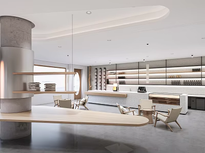 Modern Café Interior Design Featuring Wooden Tables Comfortable Chairs Open Shelves And Warm Lighting 3d model