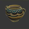 Sculpted Pottery Jar With Artistic Blue Yellow Decorative Patterns And Handles
