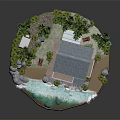 Playful Cartoon Scene With Two Story House Blue Roof Surrounding Trees Water Area And Rocks