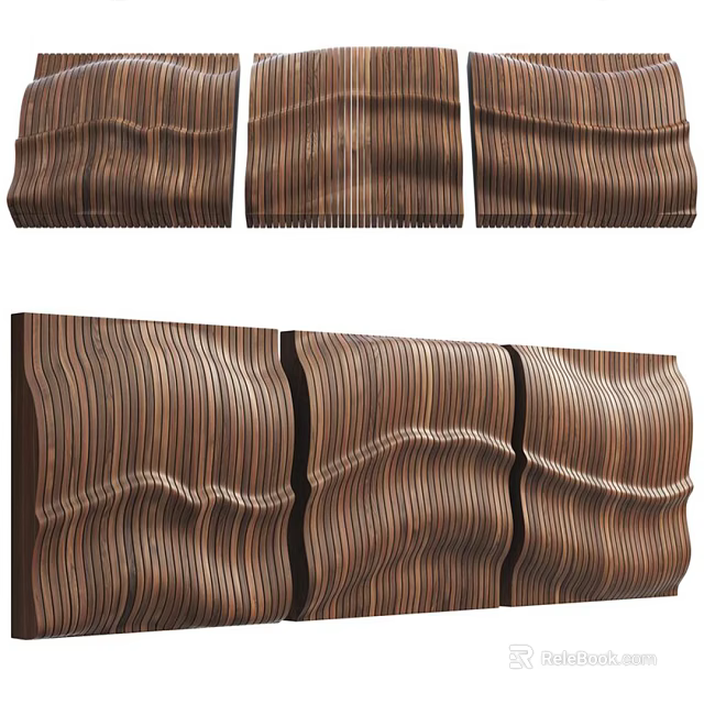 Wooden Sofa Background Wall With Wavy Texture Three Panel Striped Design 3d model