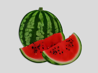 Fresh Whole Watermelon With Green Rind And Red Flesh Slices With Black Seeds 3d model