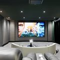 Modern Luxurious Home Theater Interior With Curved Sofa Recliner Seats And Projector
