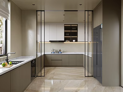Modern Open Kitchen Interior Design With Marble Island Cabinets And Appliances 3d model