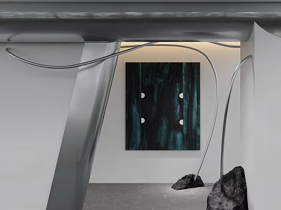 Dark Green Abstract Painting In Modern Interior With Metallic Structures And Stone Decorations 3d model