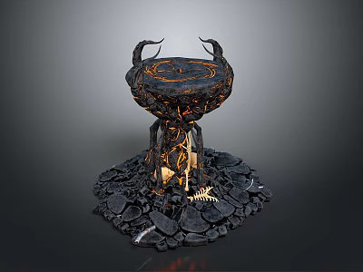 Volcanic Themed Decorative Structure With Horned Top Rocky Base And Flowing Glowing Lava 3d model